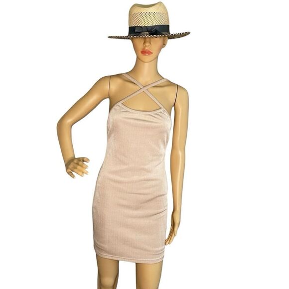 NWT Fiestar Nude Bodycon Mini Dress with CrissCross Straps in Front Size Medium - Picture 1 of 11